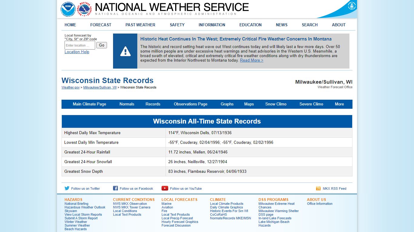 Wisconsin State Records - National Weather Service